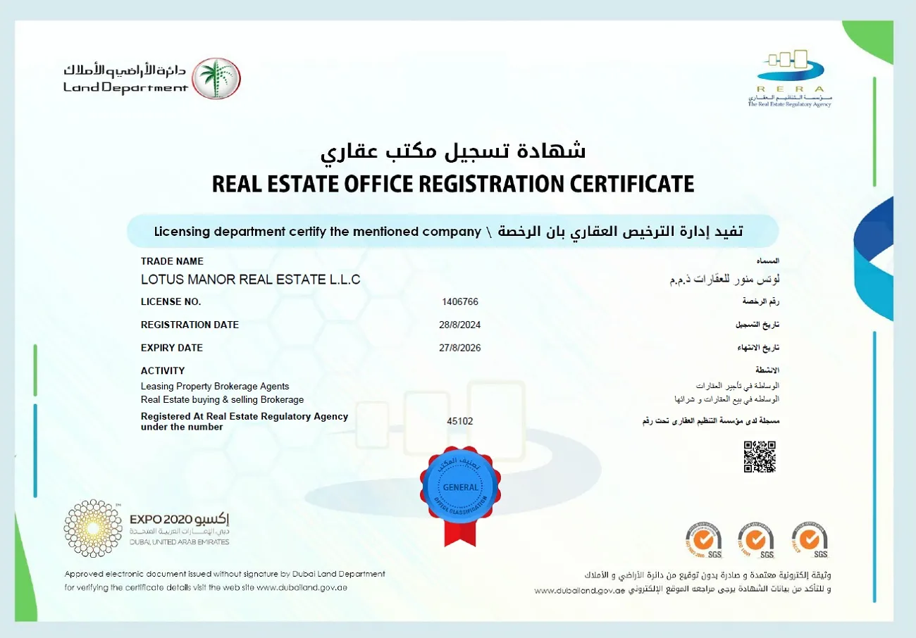 Lotus Manor Real Estate L.L.C — Real Estate Office Registration Certificate issued by the Dubai Land Department